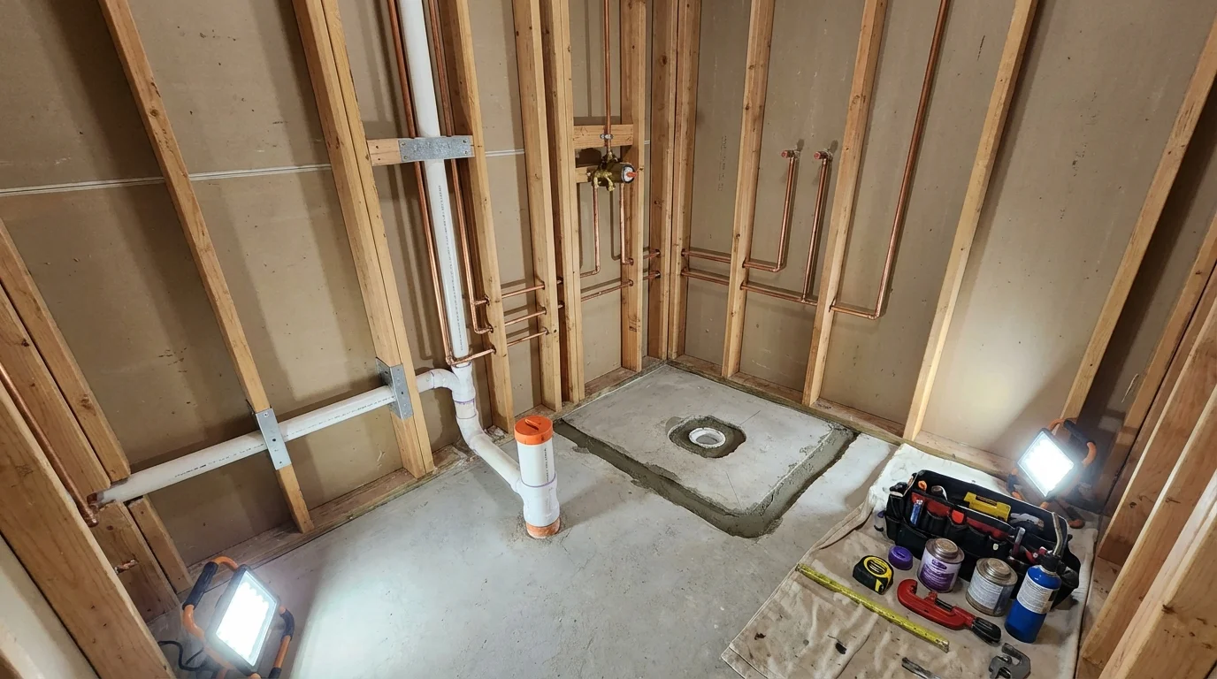 Bathroom rough-in plumbing during remodel by Johns Plumbing LLC in Catlettsburg