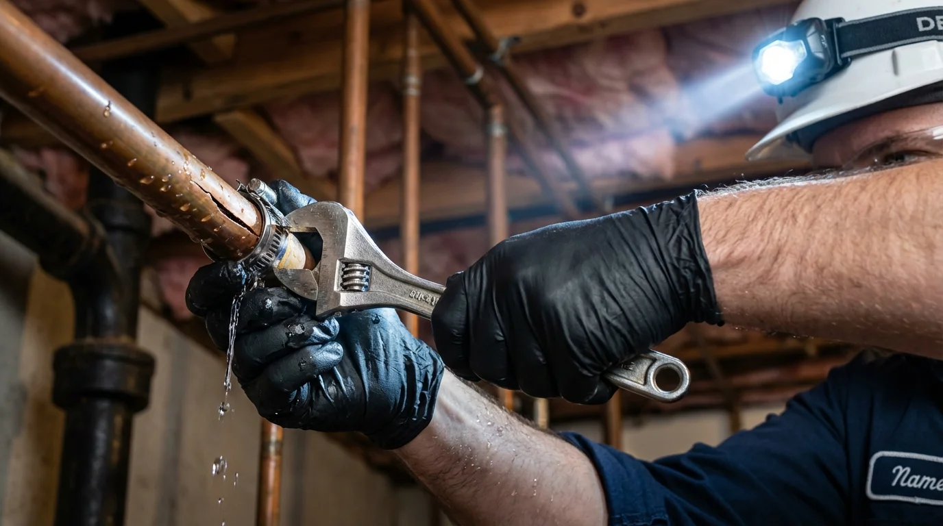 Emergency pipe clamp repair being performed by a Johns Plumbing LLC plumber in Catlettsburg