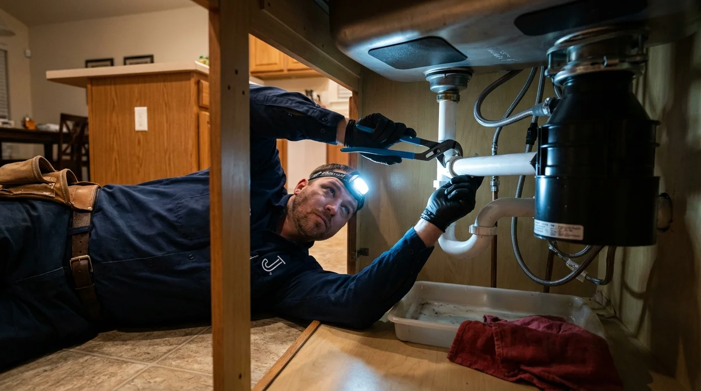 P-trap and supply line connections under a kitchen sink showing a common leak point in Catlettsburg, KY